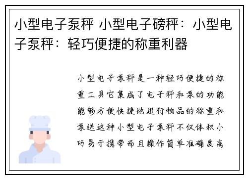 小型电子泵秤 小型电子磅秤：小型电子泵秤：轻巧便捷的称重利器